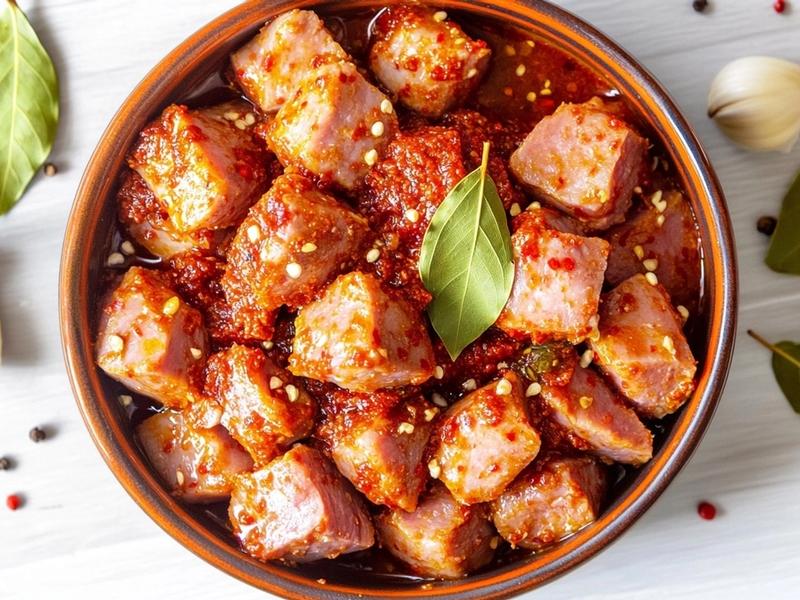 Raw pork cubes in a bowl coated in red pepper paste marinade with garlic and bay leaves