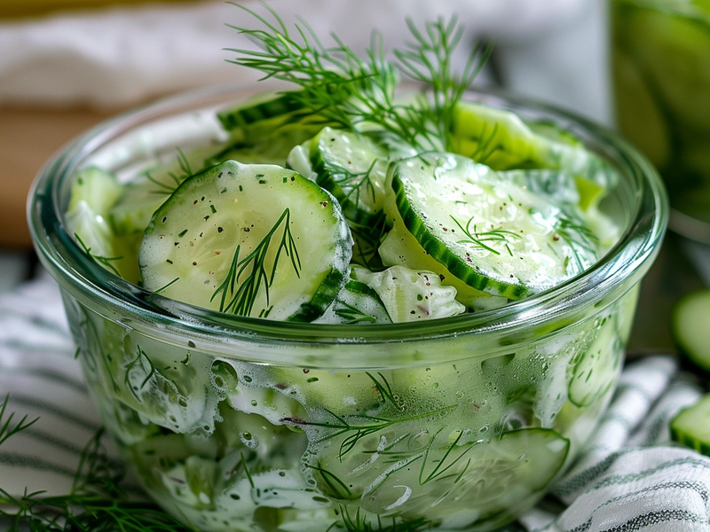 Creamy cucumber salad chilling before serving for best flavor