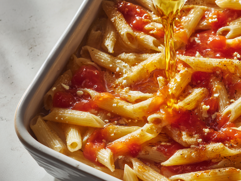 Adding pasta water to baked feta pasta to make the sauce silky and clingy