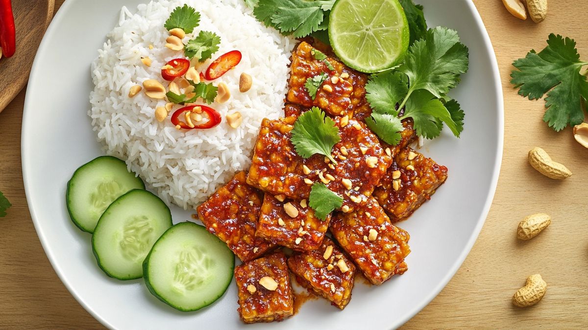Malaysian Sambal Tempeh with Coconut Rice and Crunchy Peanuts