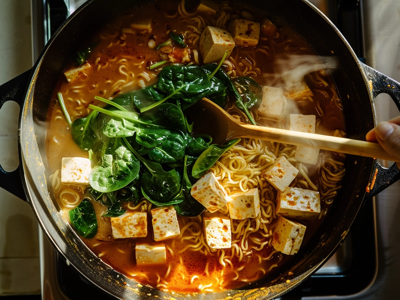 Adding spinach and a splash of vinegar to creamy gochujang ramen soup