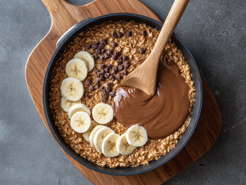 Combine oats and milk in a pot and bring to a gentle simmer.