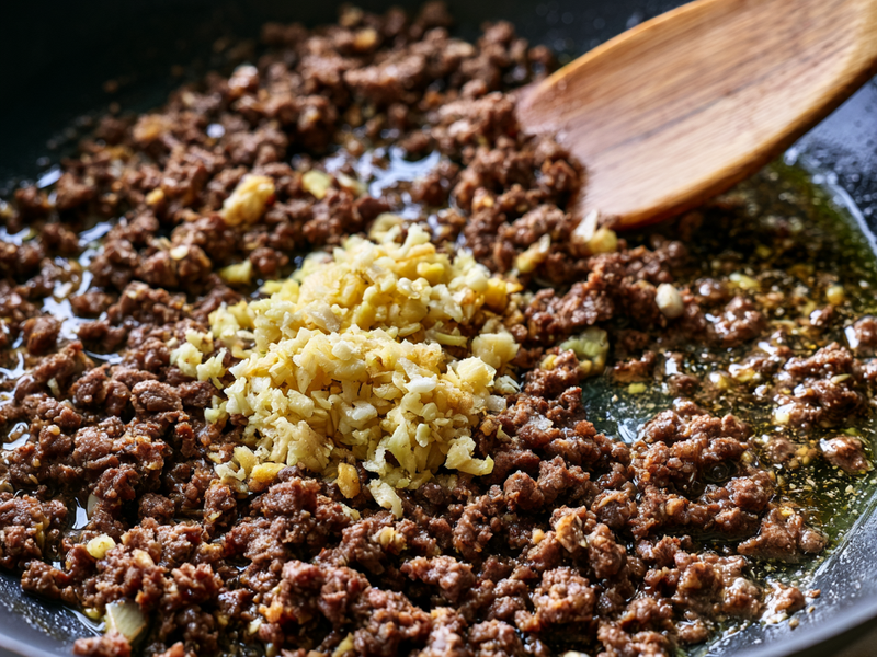 Minced garlic and grated ginger stirred into browned ground beef.