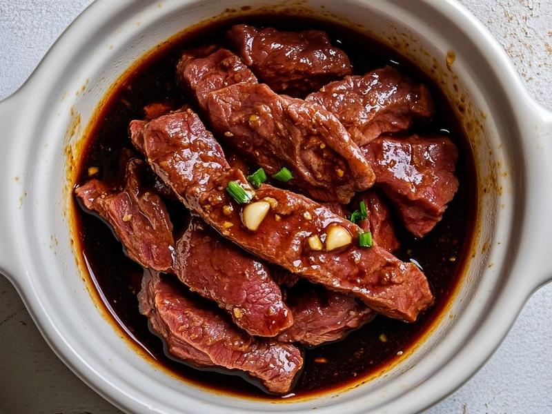 Toss the beef strips with the soy sauce, red wine vinegar, garlic and cumin in a