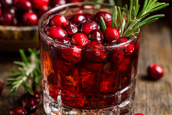 Cranberry rosemary gin fizz cocktail with fresh cranberries and a rosemary sprig.