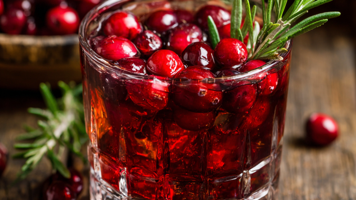 Cranberry rosemary gin fizz cocktail with fresh cranberries and a rosemary sprig.