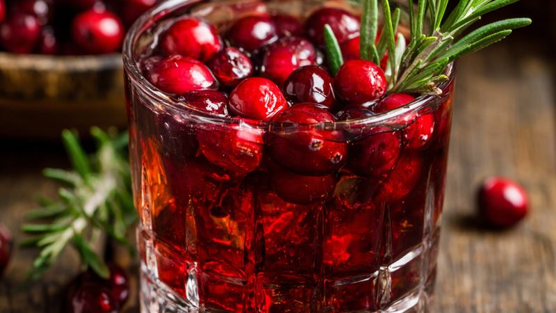Cranberry rosemary gin fizz cocktail with fresh cranberries and a rosemary sprig.