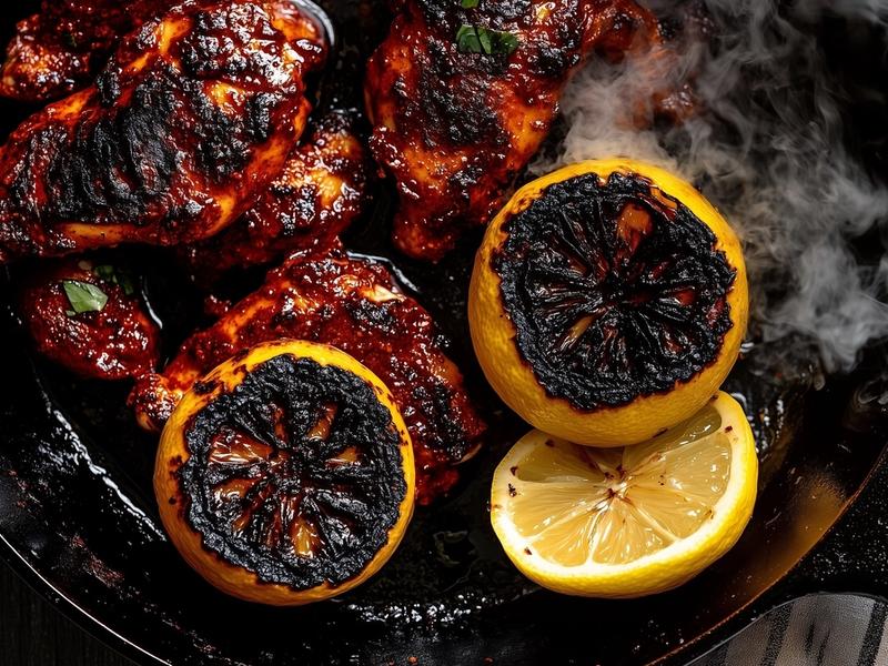 Lemon halves charring cut-side down in the skillet next to the chicken