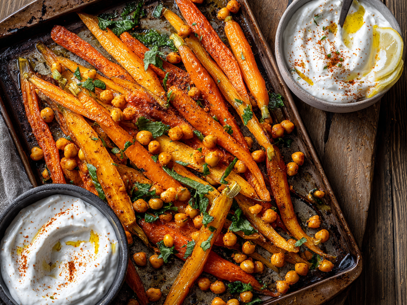 Hummus bowl topped with roasted carrots, chickpeas, diced cucumber, and fresh herbs.
