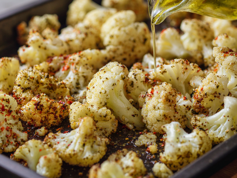 Roasted cauliflower florets with golden edges on a baking tray.