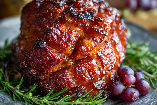 Small baked ham coated with a glossy brown sugar glaze and sliced on a serving board.