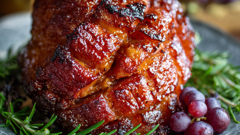 Small baked ham coated with a glossy brown sugar glaze and sliced on a serving board.
