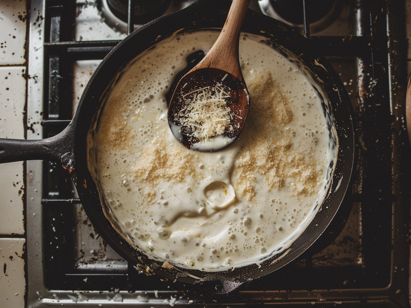 Cream and parmesan being stirred into the skillet to make marry me chicken sauce