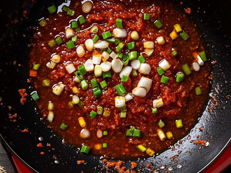 Push the pork aside and fry the doubanjiang, garlic, ginger and scallion whites until the oil turns glossy and