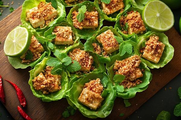 Crispy Tofu Larb with Toasted Rice and Mint Lettuce Cups