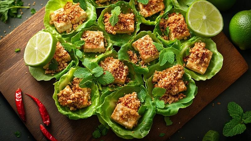 Crispy Tofu Larb with Toasted Rice and Mint Lettuce Cups