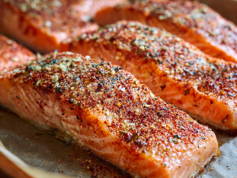 Raw salmon fillets seasoned with olive oil, garlic powder, paprika, salt, and black pepper.