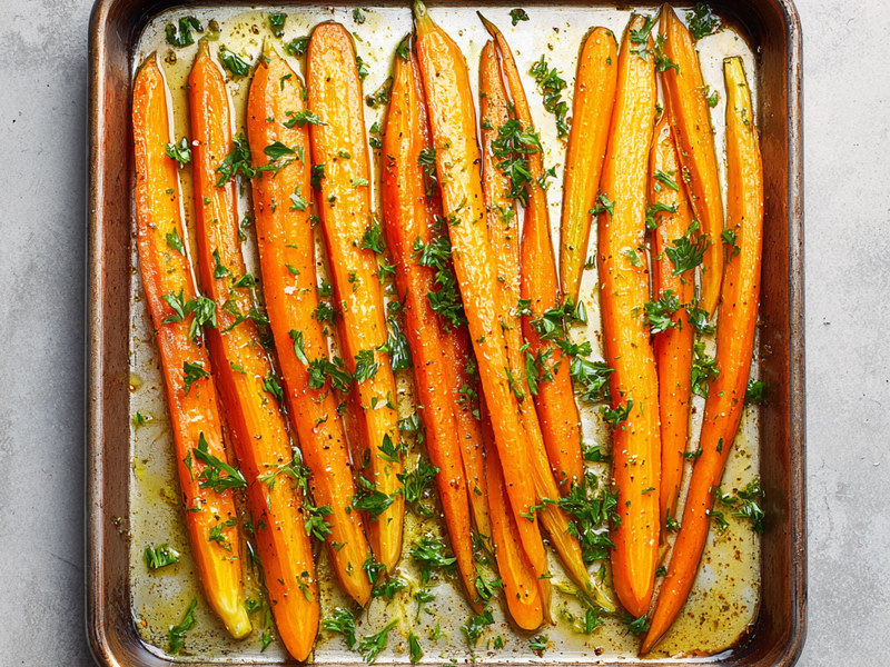 Sliced carrots arranged on a baking tray before seasoning.
