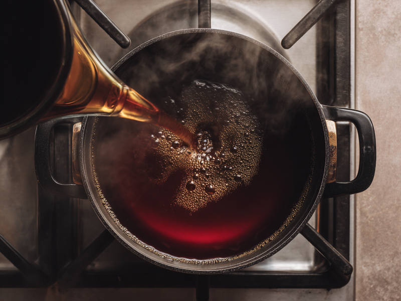 Broth being added to gochujang base to create a spicy ramen soup broth