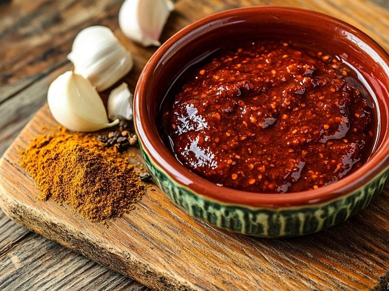 Smooth brick-red achiote and chipotle marinade in a small ceramic bowl