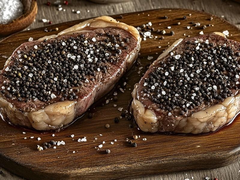 Pat the steaks completely dry and season both sides generously with salt. Press the crushed pepp