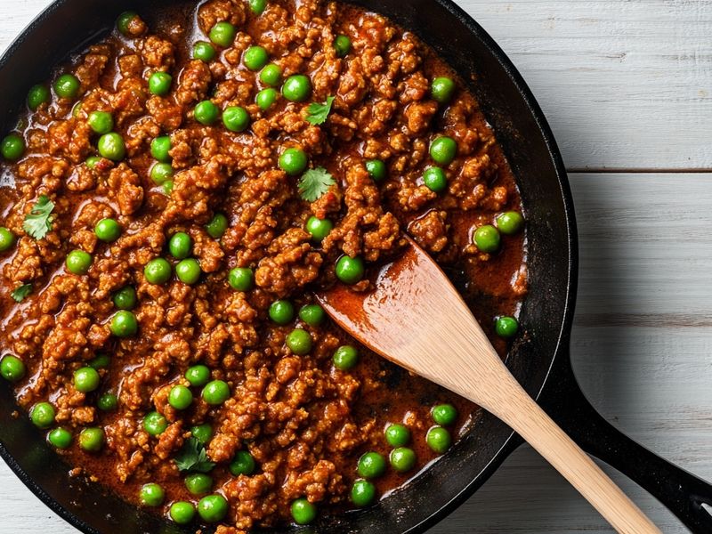 Spiced turkey keema simmering with green peas