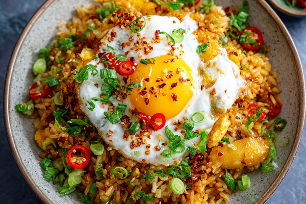 Easy egg fried rice with scrambled eggs, green onions, and seasoned rice