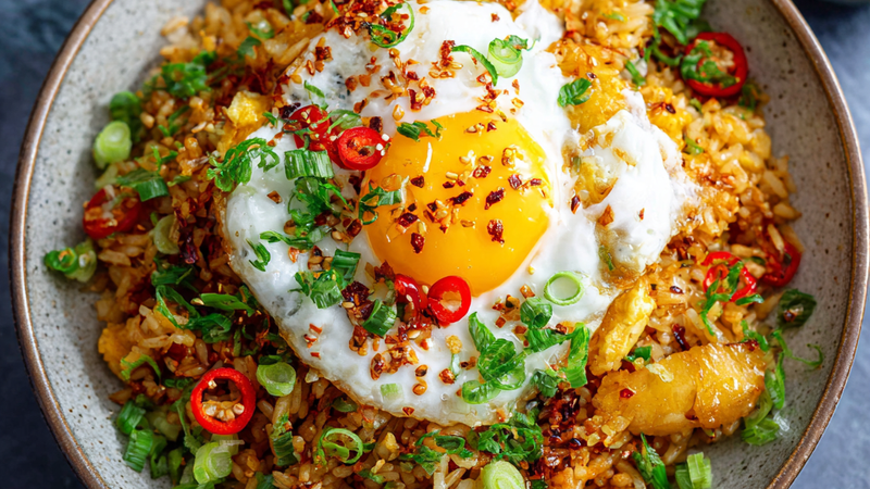 Easy egg fried rice with scrambled eggs, green onions, and seasoned rice