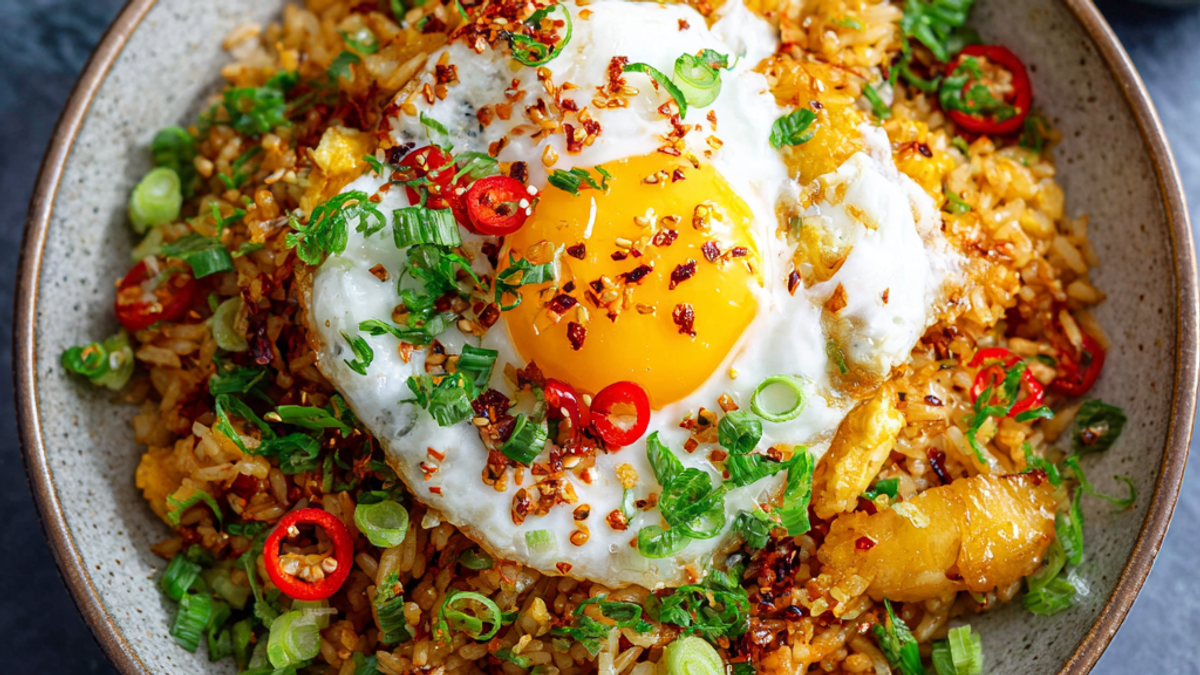 Easy egg fried rice with scrambled eggs, green onions, and seasoned rice