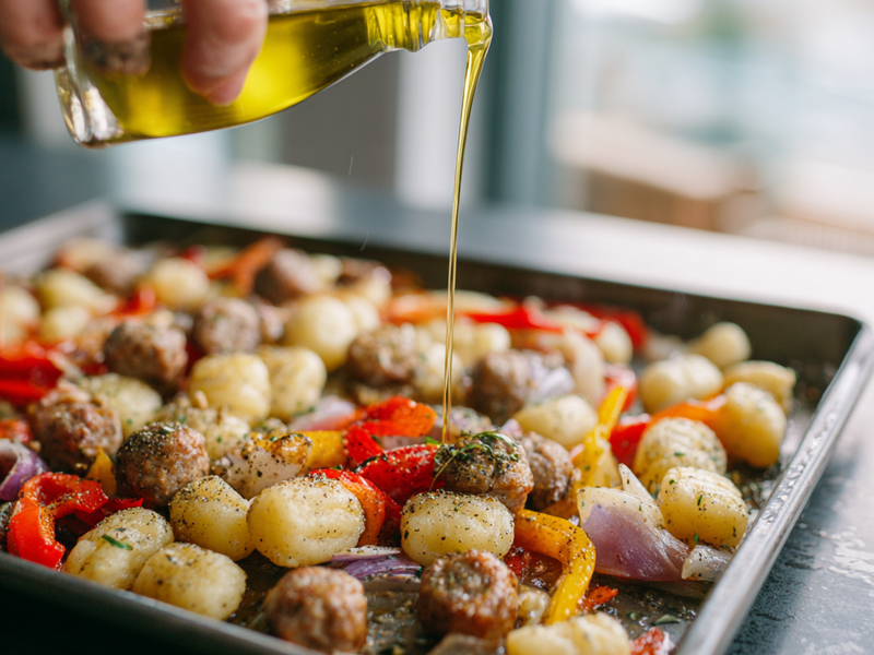 Drizzling olive oil and seasoning over gnocchi, sausage, peppers, and onions