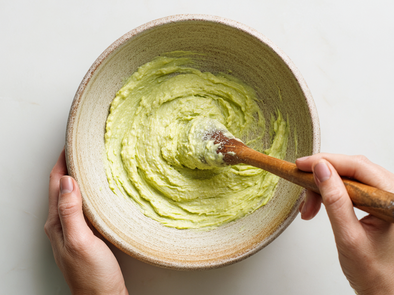 In a bowl, mash avocado with Greek yogurt, lemon juice, salt, and pepper.