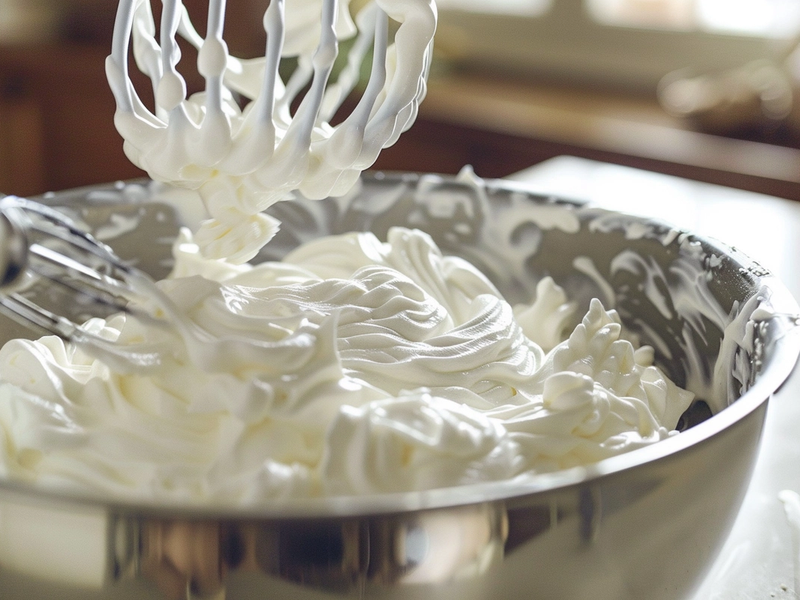 Whipping heavy cream to medium peaks for matcha tiramisu