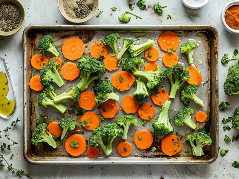 Broccoli and carrots on a sheet pan being drizzled with olive oil and seasoned for roasting
