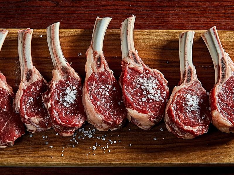 Raw uncooked lamb loin chops seasoned with salt and pepper on a wooden board before cooking