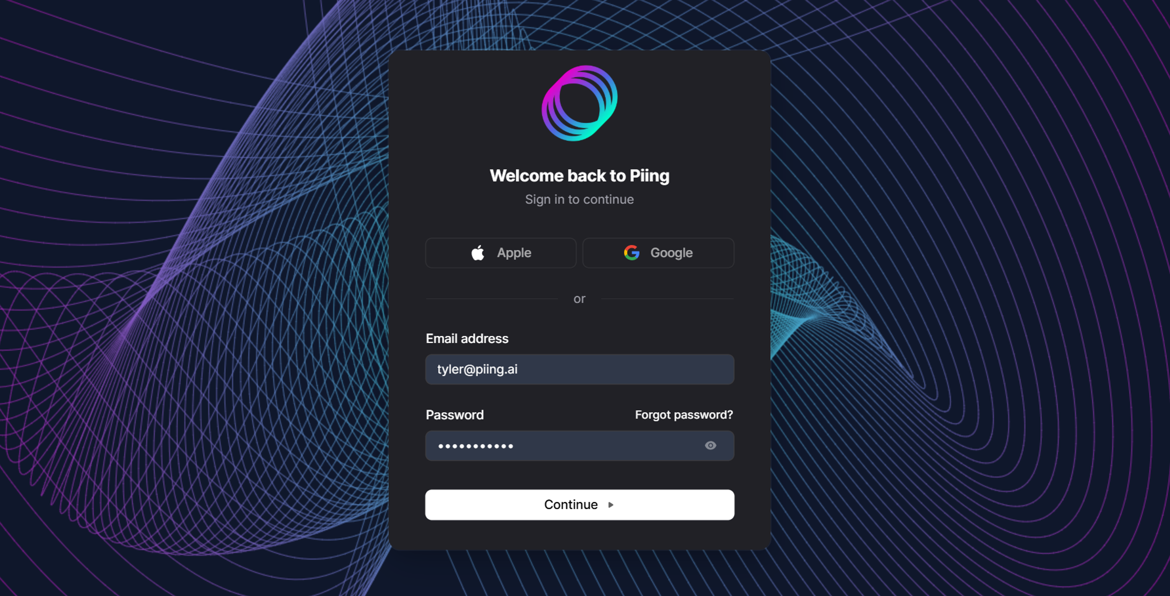 Piing AI - login. Platform not product.