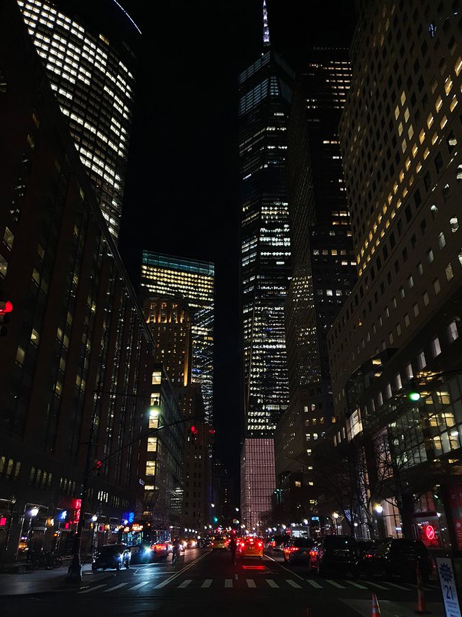 Lower Manhattan buildings by night