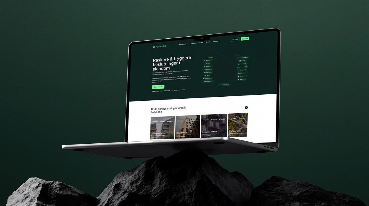 Placepoint — ny forside på laptop: «Raskere & tryggere beslutninger i eiendom»