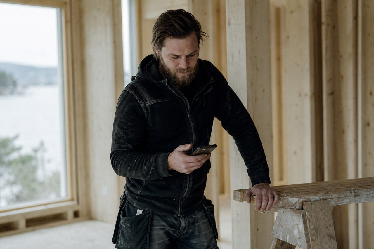 Håndverker på byggeplass sjekker ny henvendelse på mobilen