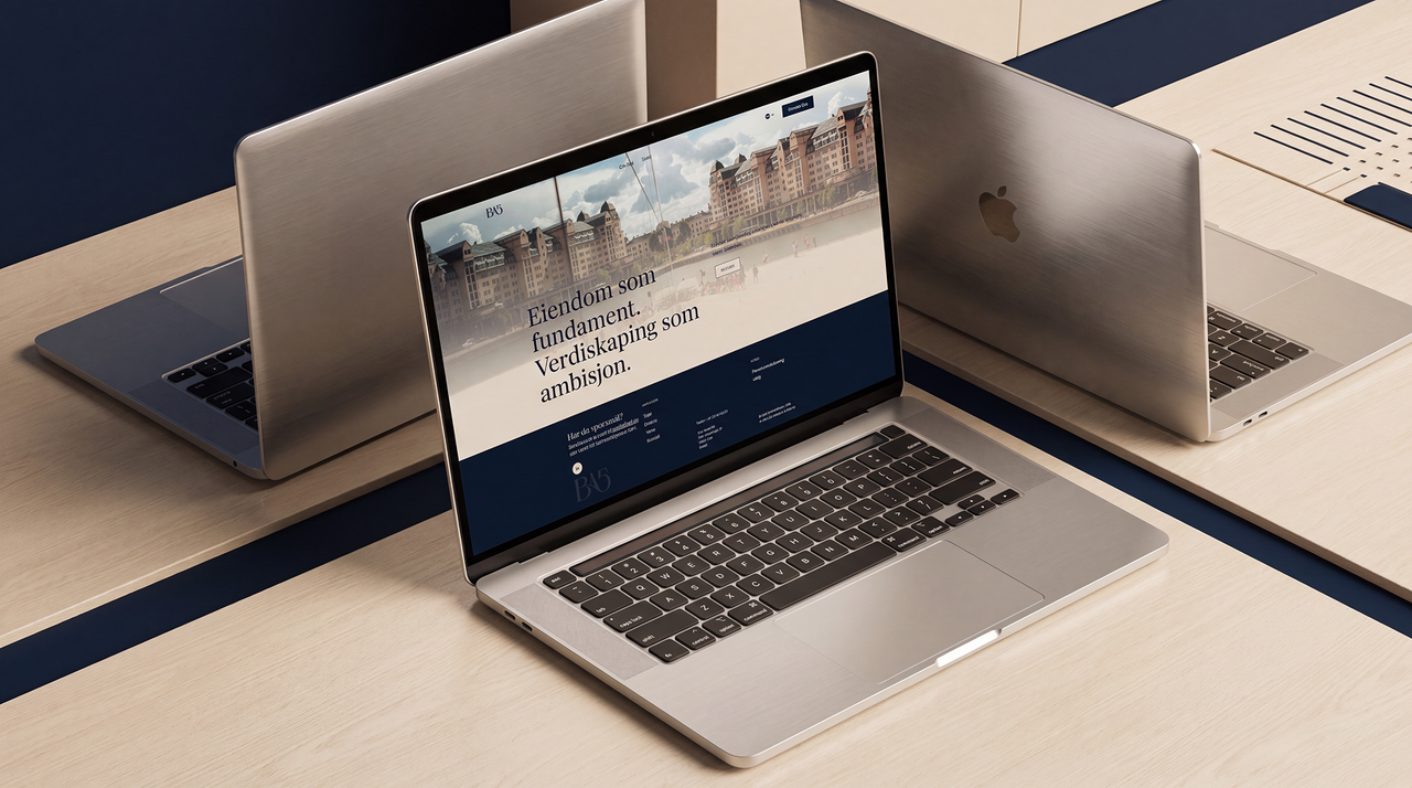 BA5 — ny nettside på laptop: «Eiendom som fundament. Verdiskaping som ambisjon.»