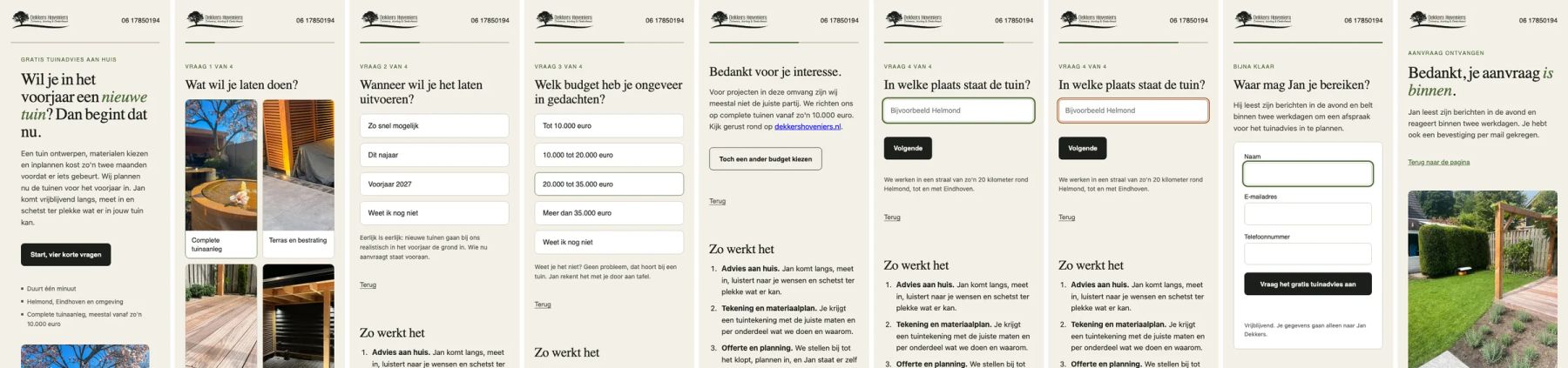 Alle schermen van de landingspagina op mobiel