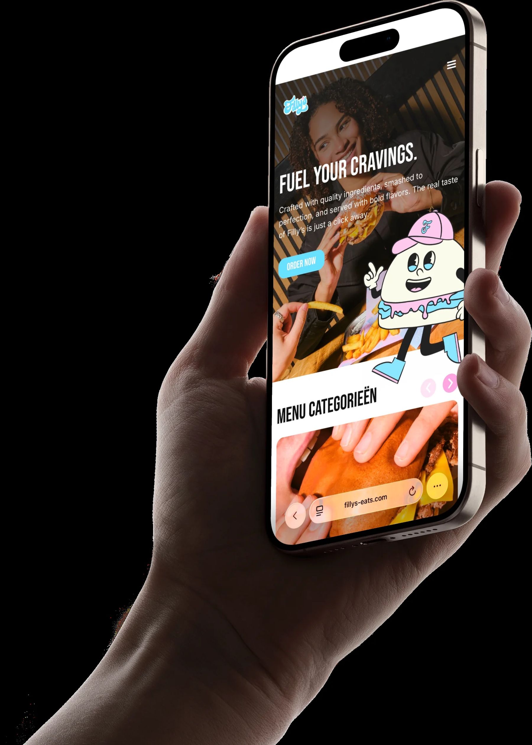 De website op een telefoon, met de mascotte