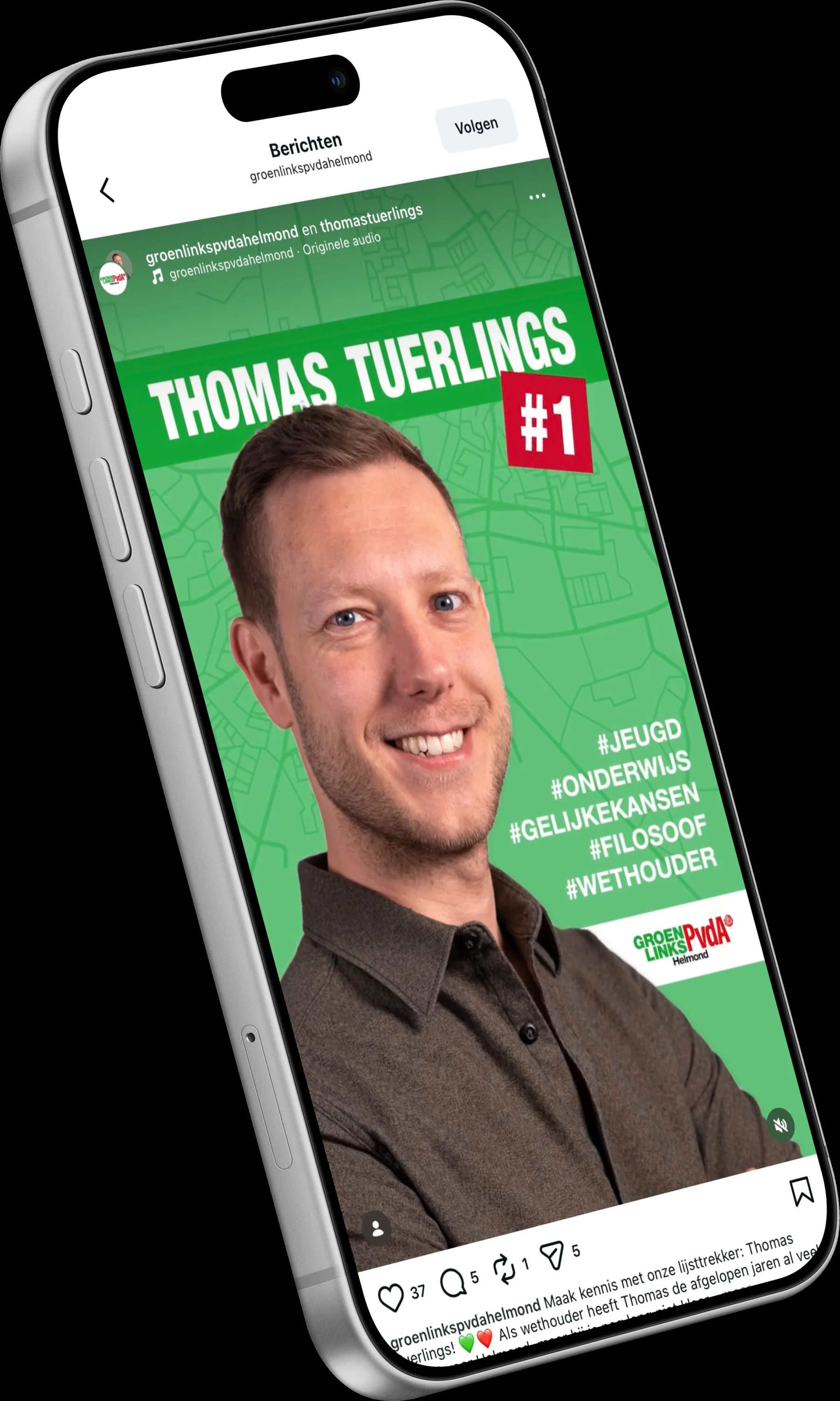 Kandidaatpost op Instagram, op een telefoon