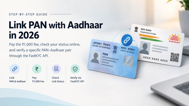 Professional banner showing PAN and Aadhaar cards connected by a link icon, with text about linking PAN with Aadhaar in 2026, paying the ₹1,000 fee, checking link status, and verifying PAN–Aadhaar through the FastKYC API.