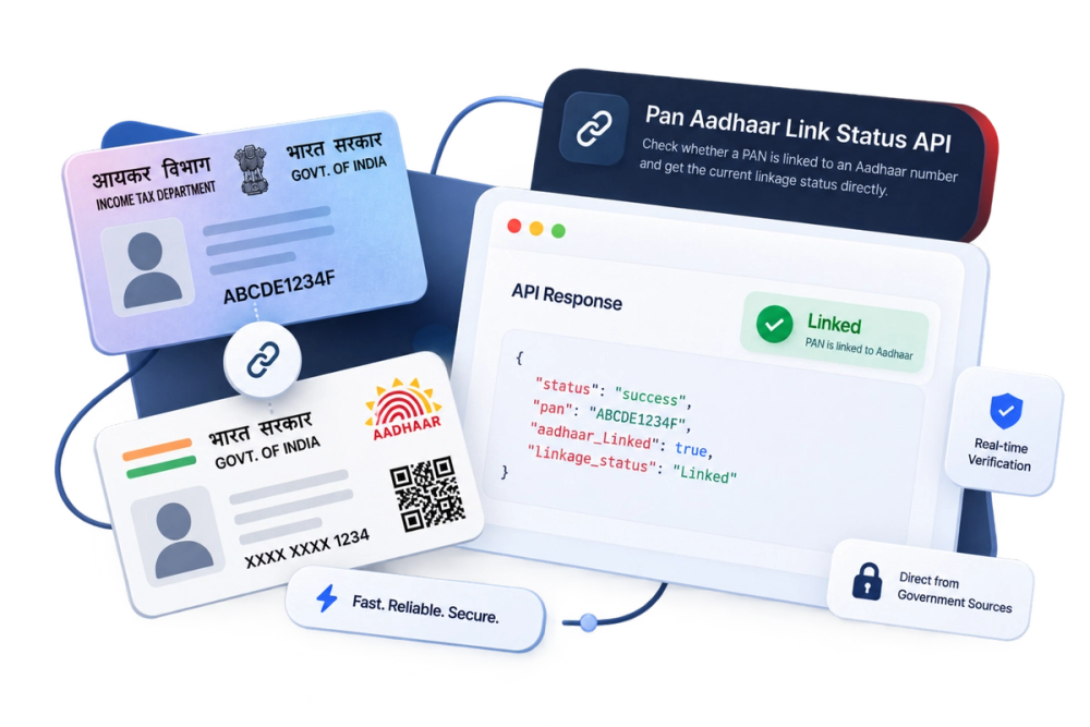 Illustration of a verified identity document representing the Pan Aadhaar Link Status API