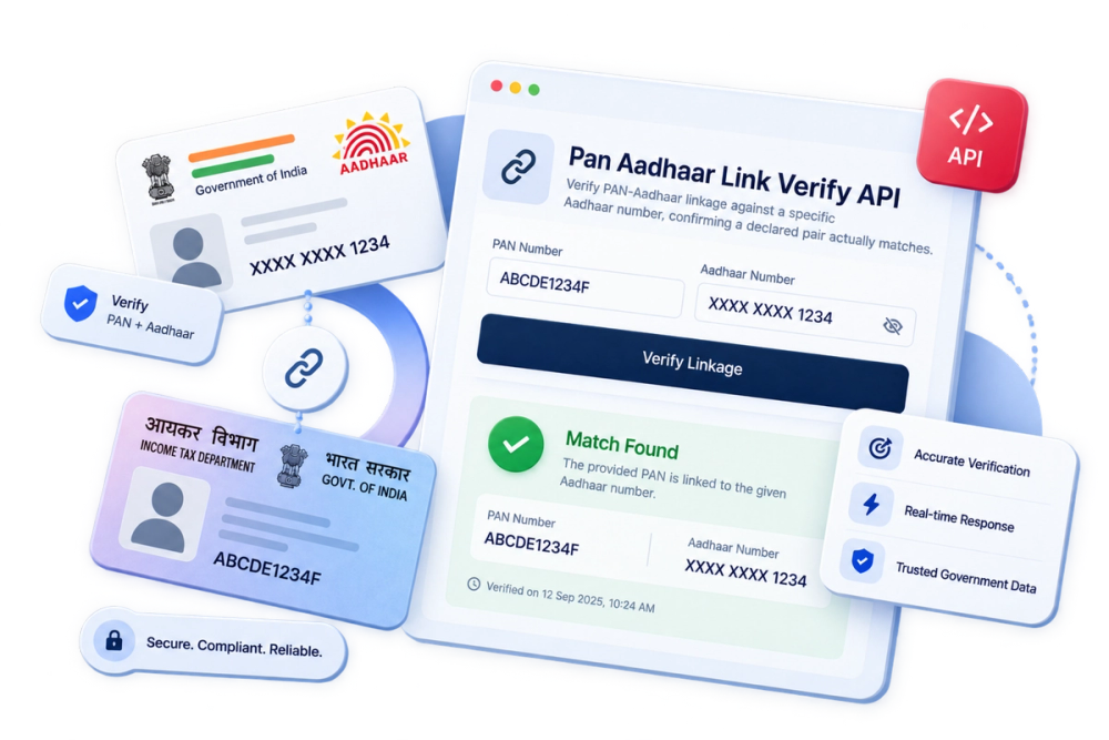 Illustration of a verified identity document representing the Pan Aadhaar Link Verify API