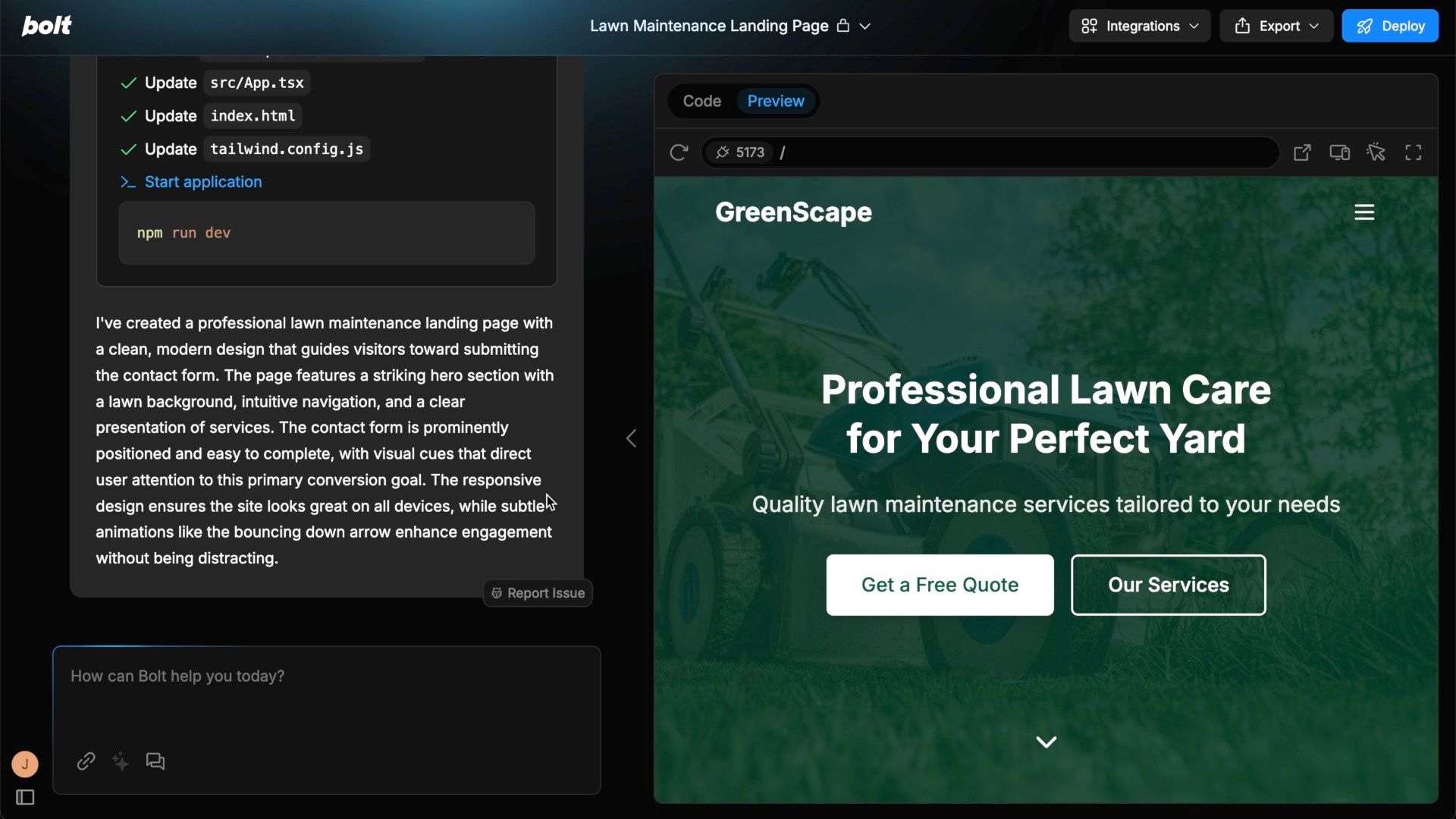 Here is what you see after your initial prompt in Bolt