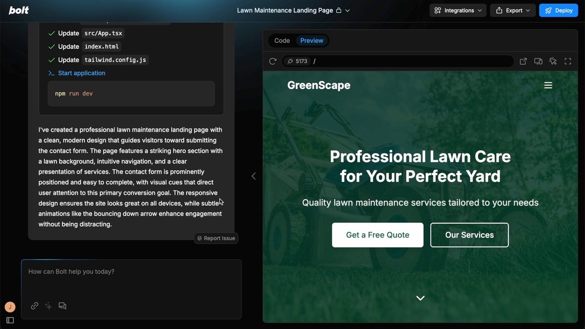 Here is what you see after your initial prompt in Bolt