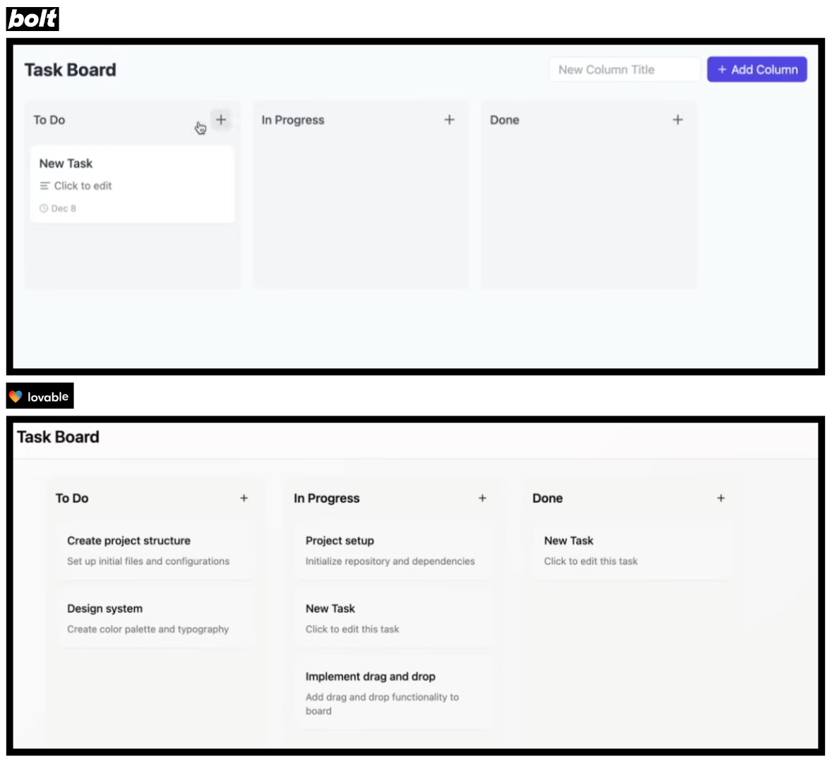 Bolt vs Lovable comparison building a Trello-like task app