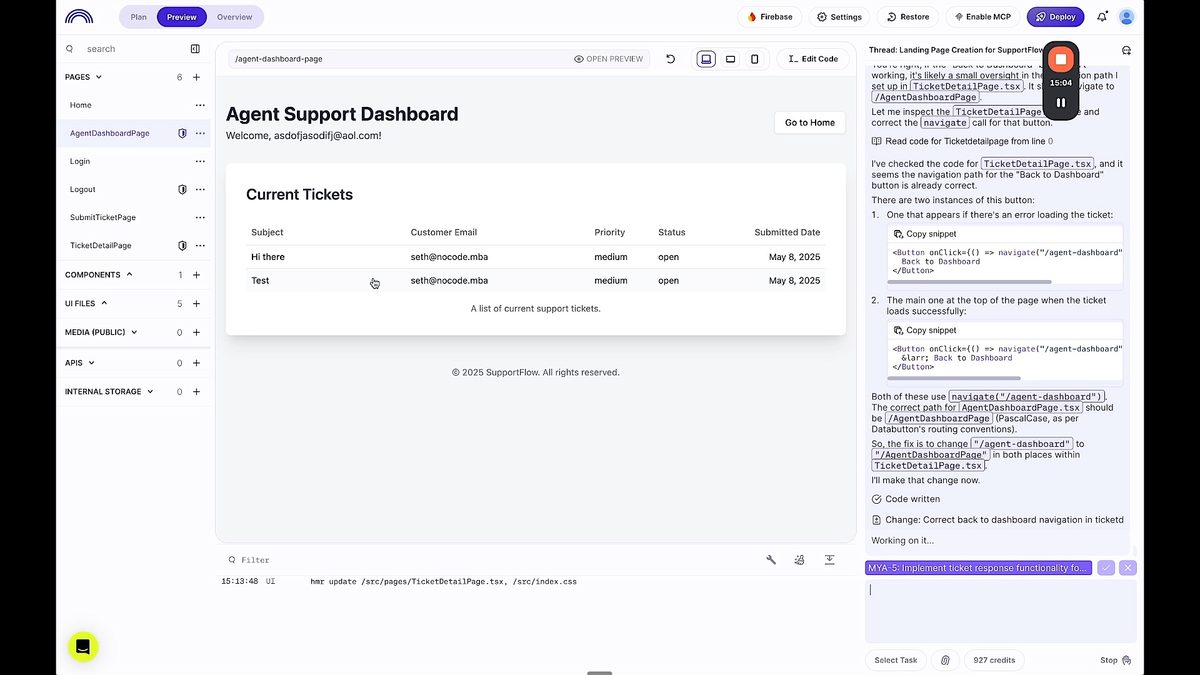 Agent dashboard in Databutton