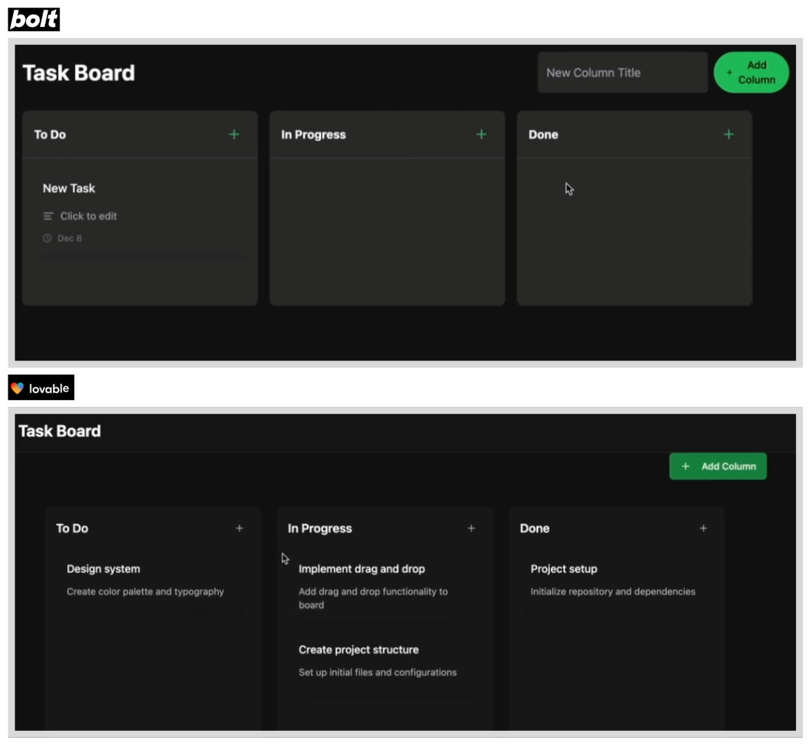 Bolt vs Lovable design comparison with dark theme